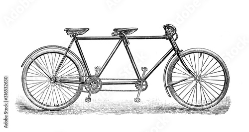 Old tandem bicycle /old Antique illustration from Brockhaus Konversations-Lexikon 1908