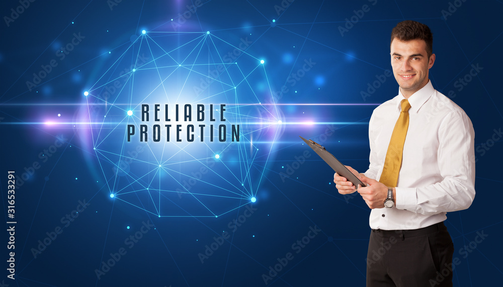 Businessman thinking about security solutions with RELIABLE PROTECTION inscription Businessman thinking about security solutions with RELIABLE PROTECTION inscription