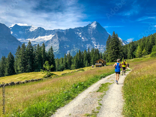 Scenic view of Swiss Alps, single cottage house at the foot of the alpine, marathon runner on the pathway in Grindelwald, Switzerland