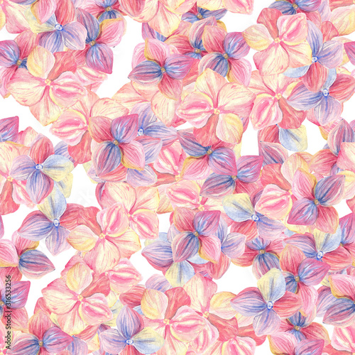 finished image of a seamless pattern of small open buds of pink, blue and purple flowers, watercolor © ElenaDoroshArt