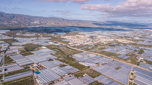 Drone aerial view of the greenhouses in the region of Andalusia  spain .