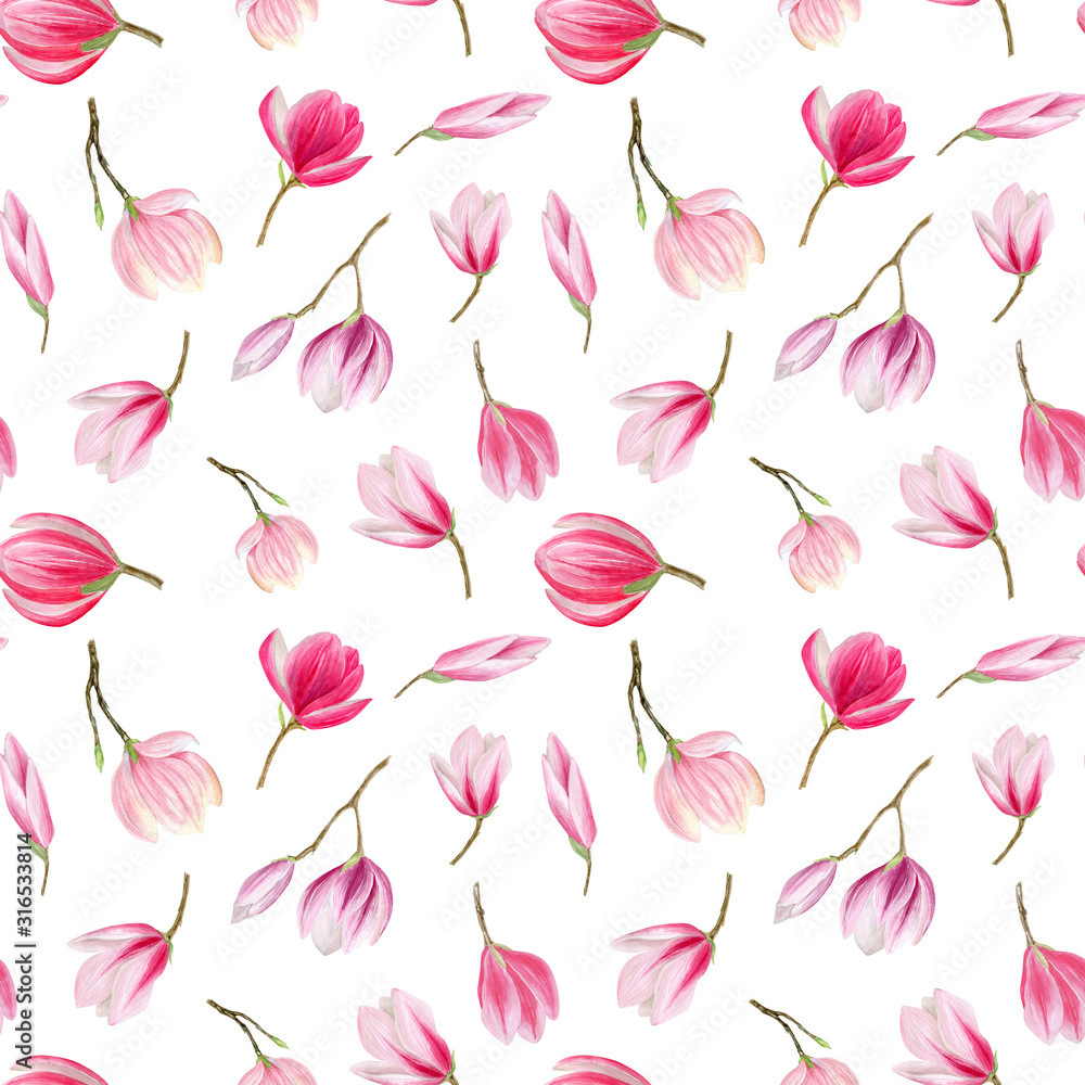 finished image of a small seamless pattern of pink Magnolia flowers on a white background, watercolor