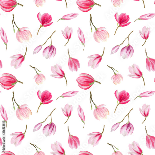 finished image of a small seamless pattern of pink Magnolia flowers on a white background  watercolor