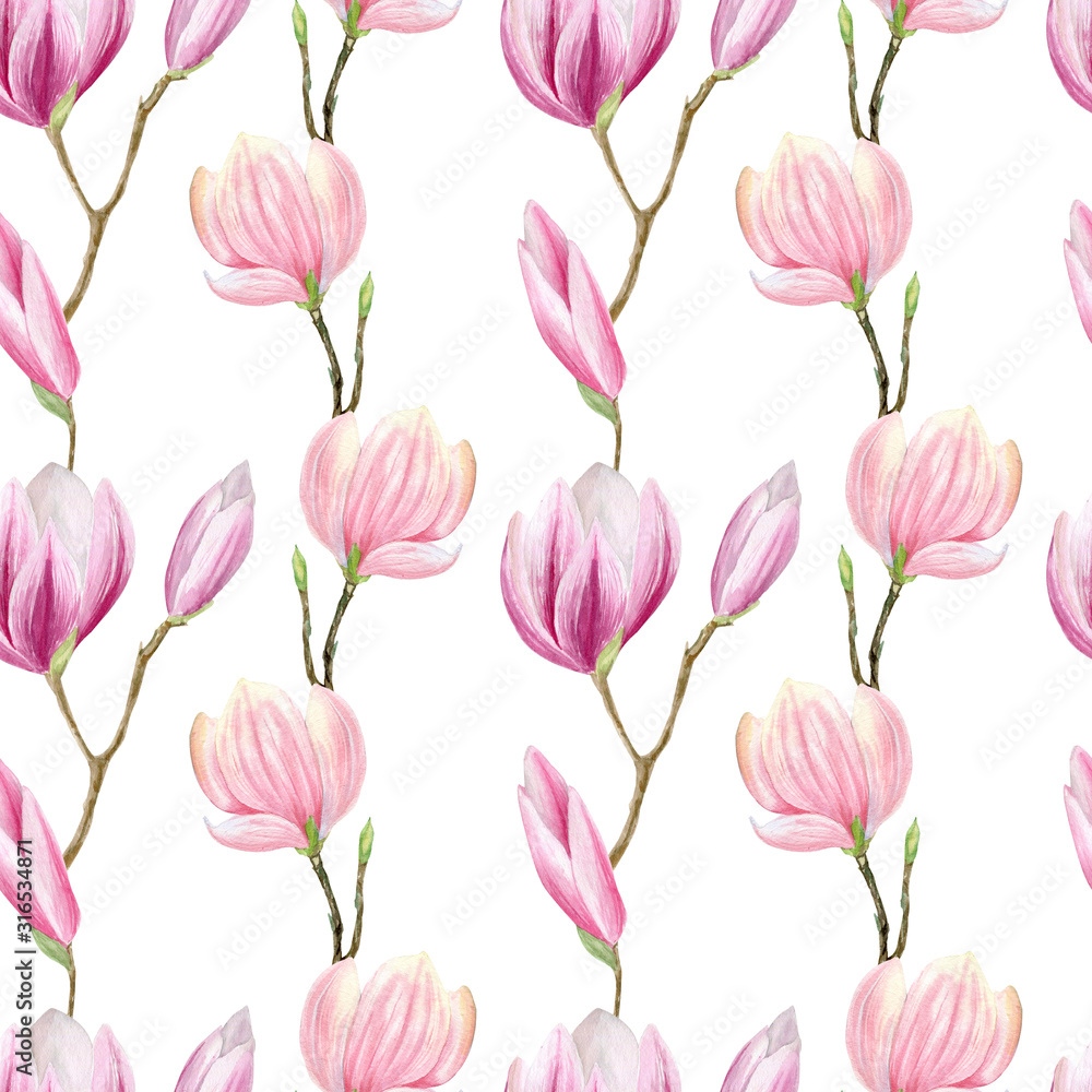 finished image of a seamless pattern of linearly arranged pink and purple Magnolia flowers on a white background, watercolor