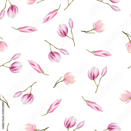 finished image of a seamless pattern of randomly arranged pink and purple Magnolia flowers on a white background  watercolor