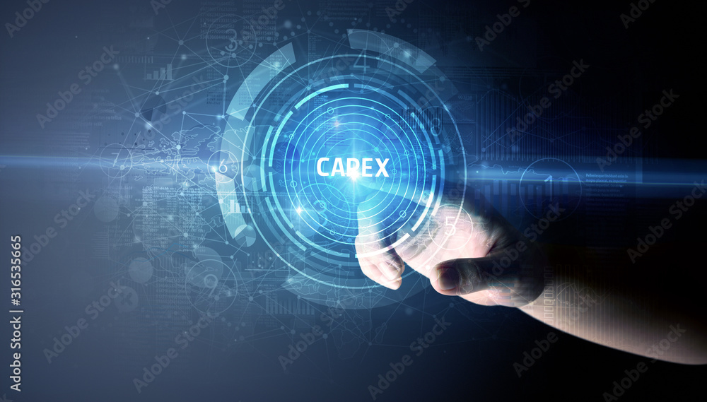Hand touching CAPEX button, modern business technology concept Hand touching CAPEX button, modern business technology concept