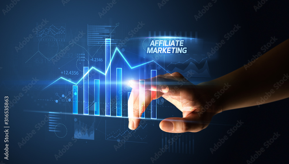 Hand touching AFFILIATE MARKETING button, business concept Hand touching AFFILIATE MARKETING button, business concept