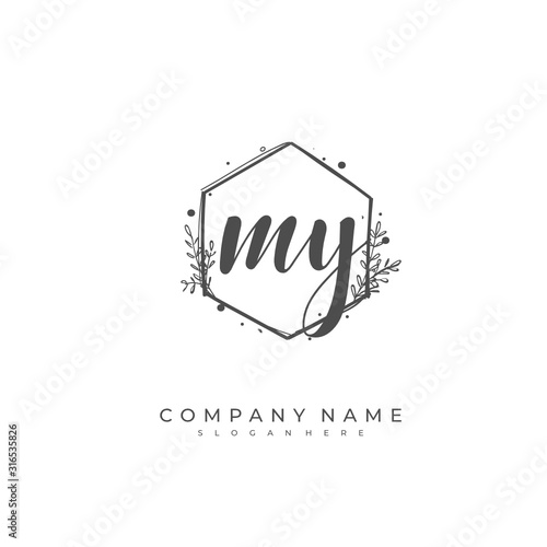  Handwritten initial letter M Y MY for identity and logo. Vector logo template with handwriting and signature style.