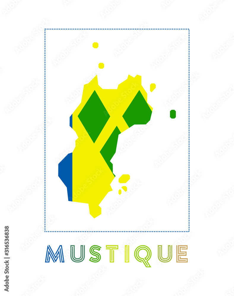 Mustique Logo. Map of Mustique with island name and flag. Captivating ...