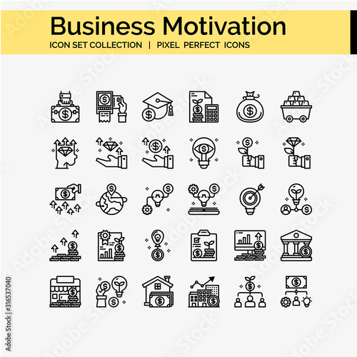Business Motivation icons set, design pixel perfect icons set. 