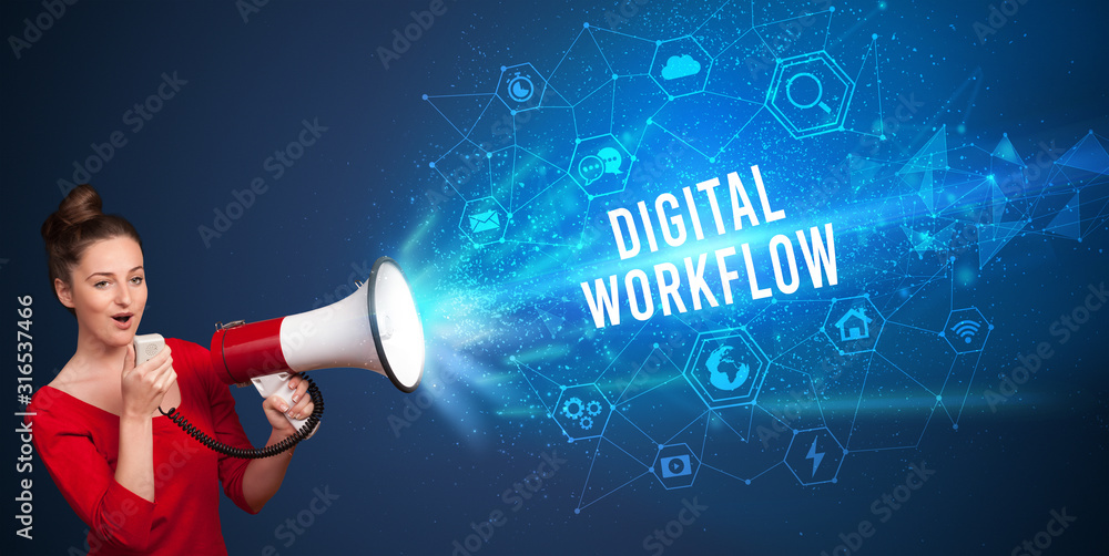 Young woman shouting in megaphone with DIGITAL WORKFLOW inscription, Modern technology announcement concept Young woman shouting in megaphone with DIGITAL WORKFLOW inscription, Modern technology announcement concept