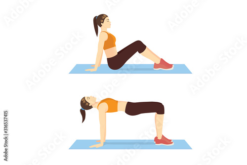 Woman doing the Reverse Plank Bridge exercise in 2 step for guide. Illustration about workout diagram for build.