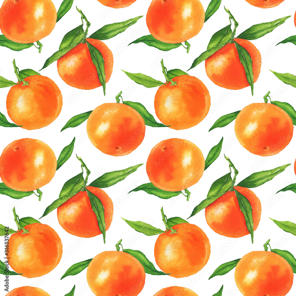 Seamless pattern with watercolor tangerines on a white Seamless pattern with watercolor tangerines on a white
