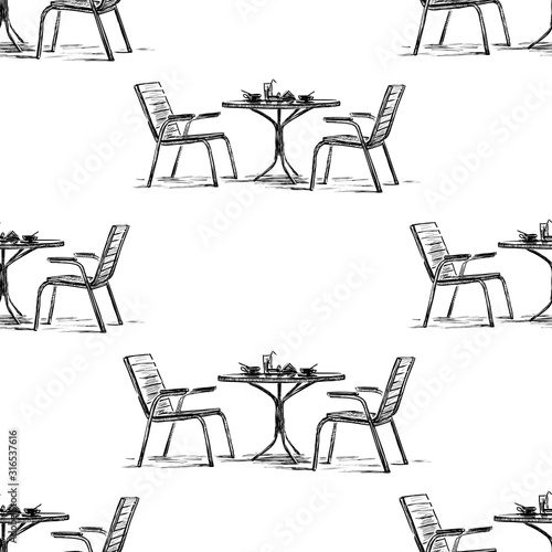 Seamless pattern of table and chairs sketches in outdoor caffe