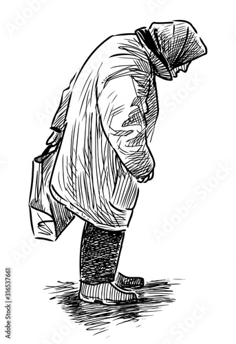 Sketch of beggar old woman standing on  street and asking alms