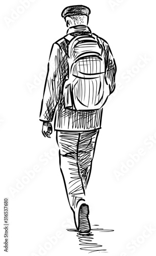 Sketch of casual townsman with backpack walking down street