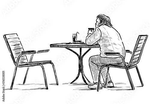 Sketch of lonely townsman sitting in outdoor caffe in wait
