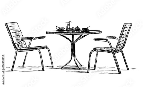 Sketch of table with tableware and chairs in outdoor caffe