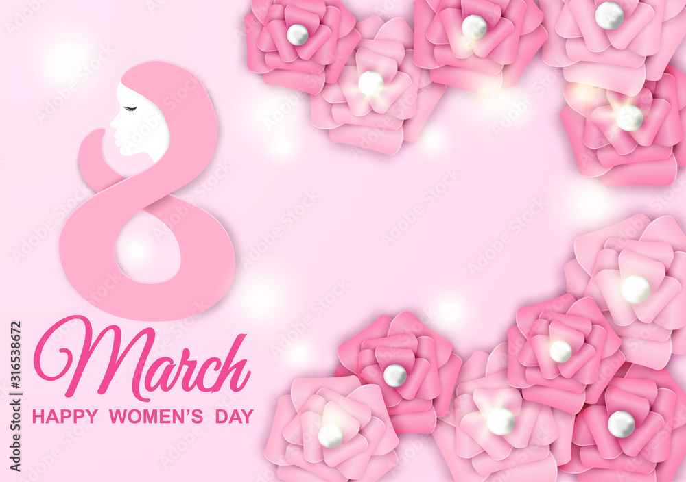 8 march. Happy Woman's Day background. Design with flower, paper art. Vector.