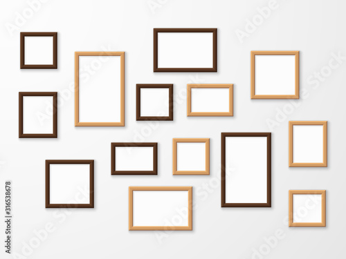Fototapeta Naklejka Na Ścianę i Meble -  Wooden frame. Wood blank picture frames in different sizes on wall. Museum gallery mockup design, advertising image templates vector set