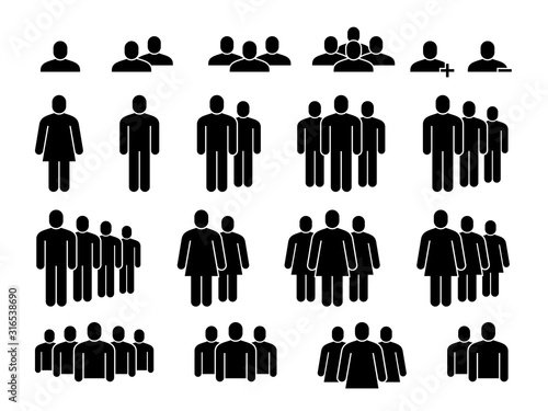 People icons. Human community group, people crowd. Meeting employees, staff and population signs, user silhouette figures vector set