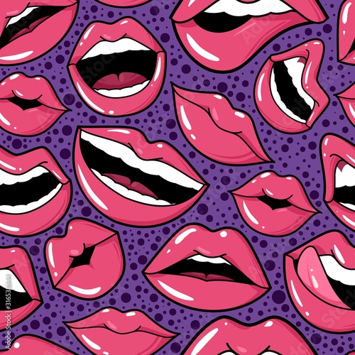 Lips seamless pattern. Cosmetics beauty and makeup, bright pink red lipstick and gloss sexy sweet kiss trendy wallpaper design vector texture