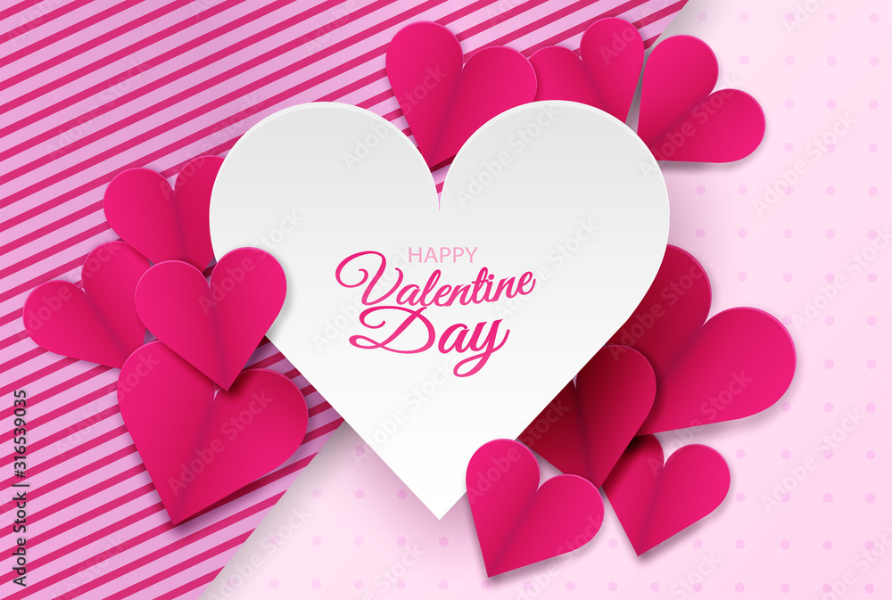 Happy Valentine day background .  Design with heart and Cupid on   pink background, paper art style . Vector.