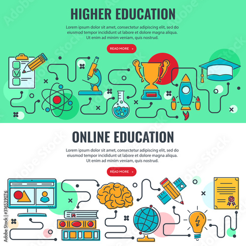 Education Horizontal Banners with Line Icons