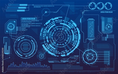 Hud dashboard. Futuristic user interface with digital infographics and data charts vector concept