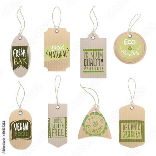 Eco cardboard labels. Paper craft shop product tag with sticker printing green design and rope, isolated vector set