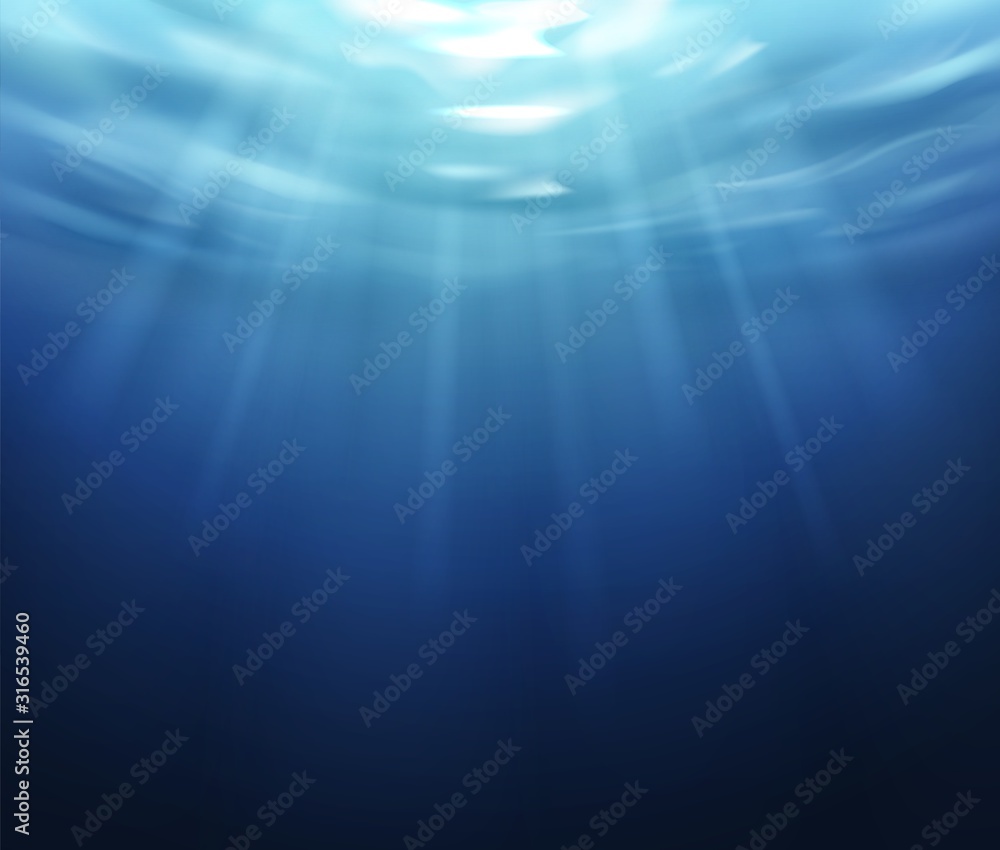 Fototapeta premium Water surface. Blue ocean underworld with sun reflection, aqua pattern texture, summer sea with shiny ripple water vector background