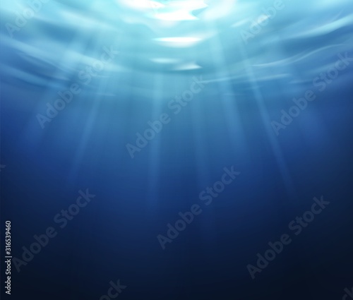 Water surface. Blue ocean underworld with sun reflection, aqua pattern texture, summer sea with shiny ripple water vector background