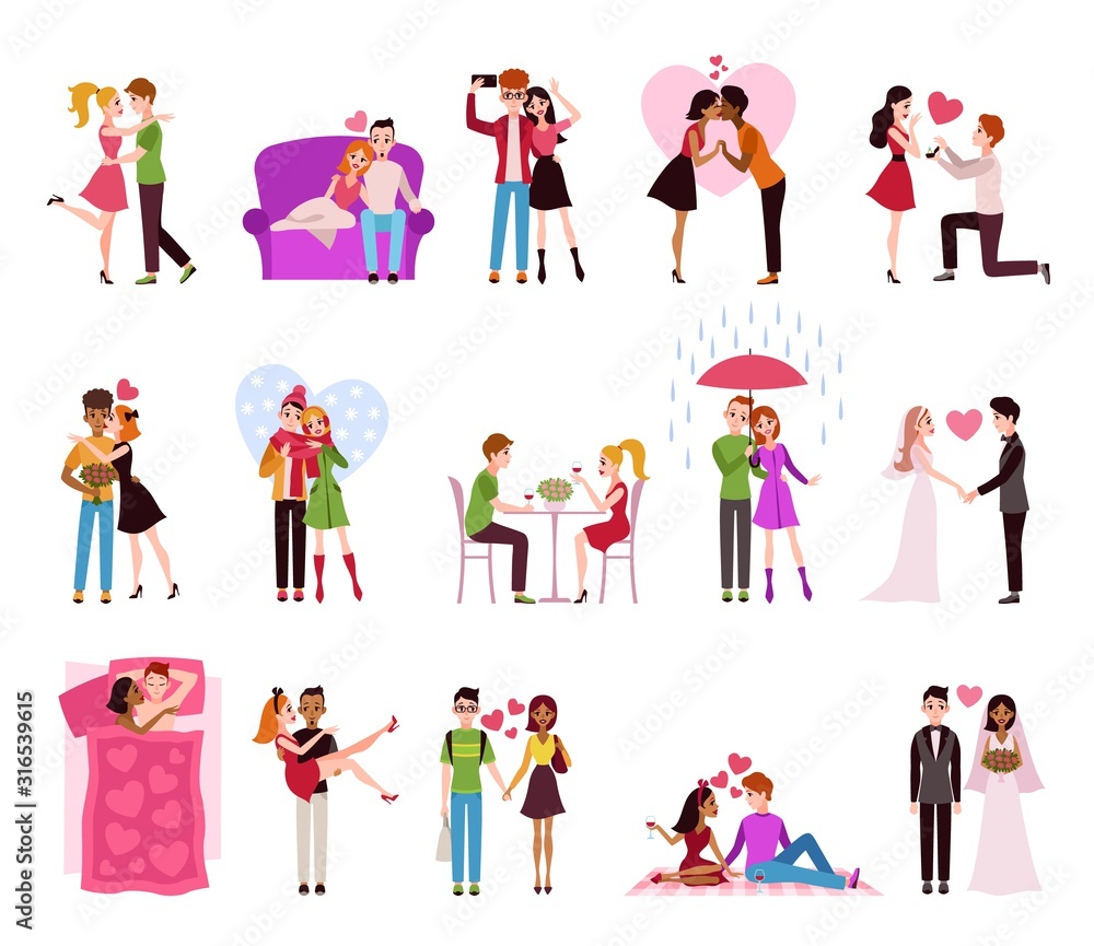 Hugging couple in love. Llifestyle of happy romantic couples, loving persons in restaurant and raining isolated vector set Hugging couple in love. Llifestyle of happy romantic couples, loving persons in restaurant and raining isolated vector set