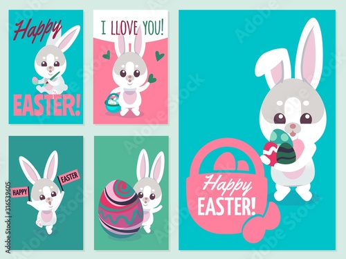 Easter flyers. Traditional fun elements for easterd holiday invitation with eggs and happy cute bunny vector set