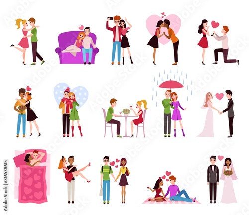 Hugging couple in love. Llifestyle of happy romantic couples, loving persons in restaurant and raining isolated vector set