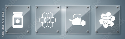 Set Bee and honeycomb, Tea kettle with honey, Honeycomb and Jar of honey. Square glass panels. Vector