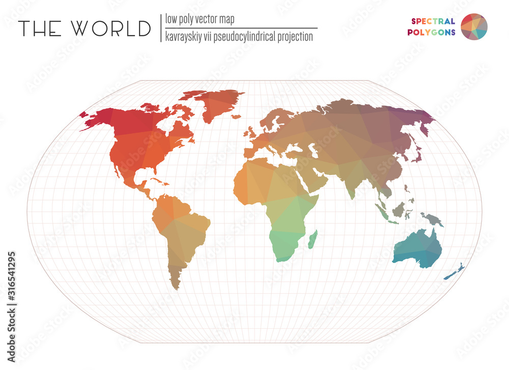 World map in polygonal style. Kavrayskiy VII pseudocylindrical projection of the world. Spectral colored polygons. Contemporary vector illustration. World map in polygonal style. Kavrayskiy VII pseudocylindrical projection of the world. Spectral colored polygons. Contemporary vector illustration.