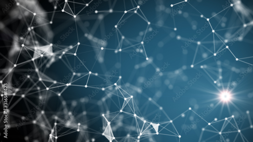 Technology network and communication with line and dot moving with transfer information data line and dot on blue background. Technology network and communication with line and dot moving with transfer information data line and dot on blue background.