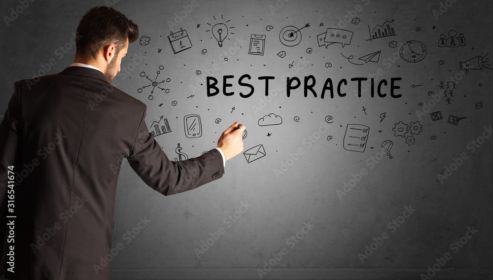 businessman drawing a creative idea sketch with BEST PRACTICE inscription, business strategy concept businessman drawing a creative idea sketch with BEST PRACTICE inscription, business strategy concept