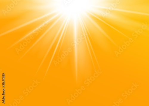 Rays yellow background. Gold sunny sky. Heat sunburs, hot weather. Sunshine orange sky. White warm sunlight. Bright golden solar sunrise, summer template. Lens optic effect. Vector illustration