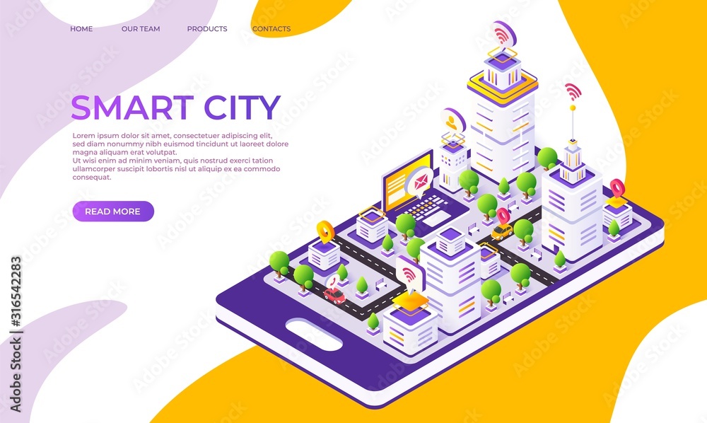 Isometric city landing page. Futuristic digital town with innovative buildings and technology. Vector 3D flat illustrated smart town design, creative moderner company concept - obrazy, fototapety, plakaty 