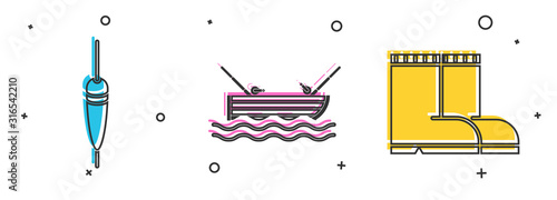Set Fishing float, Fishing boat with fishing rod on water and Fishing boots icon. Vector