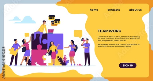 Business teamwork landing page. Puzzle elements with business people, leadership and collaboration. Vector web page construction team strategy for business development
