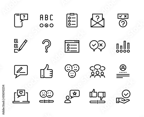 Survey line icons. Quiz and checklist stroke pictograms, customer questionnaire and feedback. Vector concept customer feedback option set for communication management marketing
