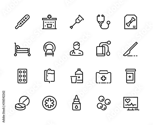 Medical line icons. Healthcare and insurance, prescription and different pills, pharmacy drugs symbols. Vector illustration clinic equipment or service ambulance set