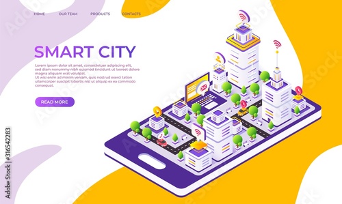 Isometric city landing page. Futuristic digital town with innovative buildings and technology. Vector 3D flat illustrated smart town design, creative moderner company concept