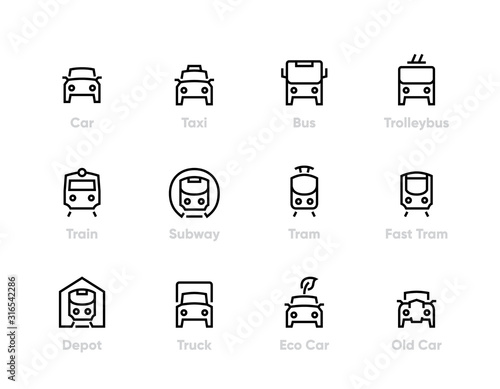 City Transport line vector icons. Car, Bus, Trolleybus, Subway, Tram and Eco Car. Editable outline set