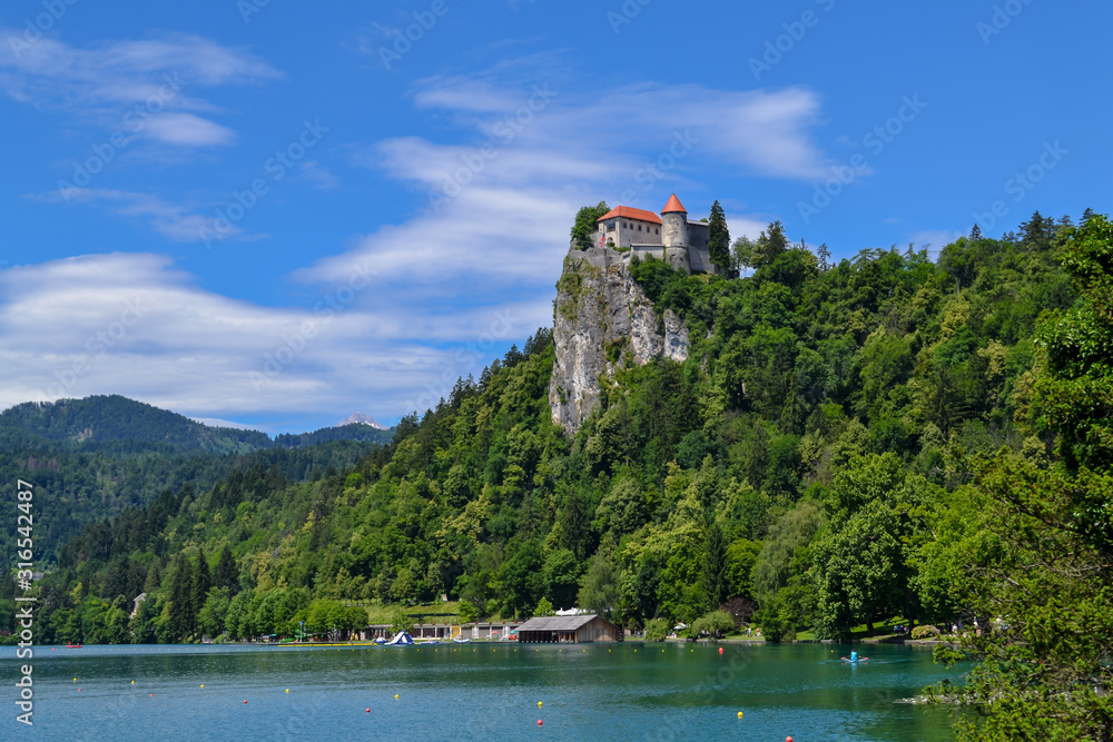 Fototapeta premium Mountain lake Bled and Bledsky castle. Summer landscape.