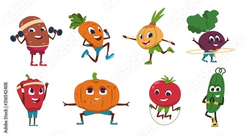 Cartoon vegetables exercises. Healthy food characters doing fitness activities and sport workout. Vector cute and funny vegetable set drawing food happy flat fresh character