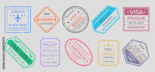 Passport stamps. International travel visa marking, business travel and immigration vintage labels. Vector airport stamp set world city travel arrivals symbol stamping traveling on gray background